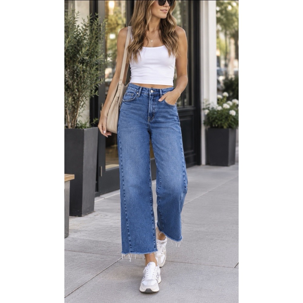 Good American Good Waist Palazzo Crop Jeans Blue Medium Wash Wide Leg Size 8/29